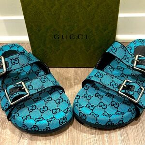 Gucci GG blue Canvas Birkenstock Slides